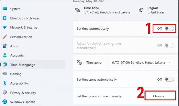 Thực hiện điều chỉnh lại ngày và giờ
