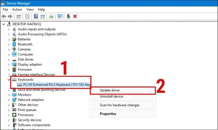 Truy cập vào Keyboard, nhấn chuột phải và chọn Update Driver.