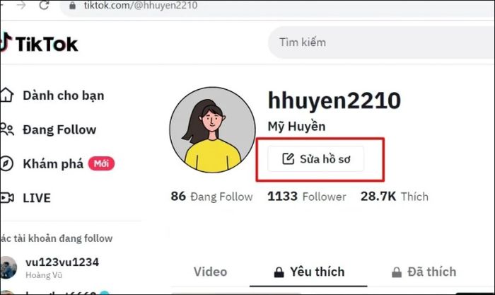 Chọn Sửa hồ sơ trên giao diện TikTok PC