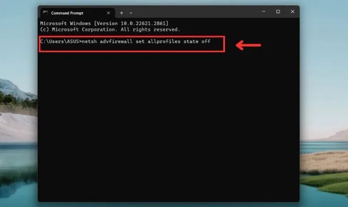 Nhập câu lệnh netsh advfirewall set allprofiles state off để tắt tường lửa trên Windows 11