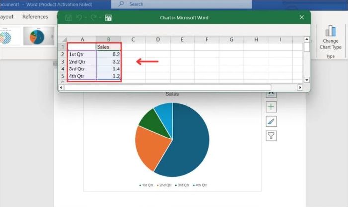Nhập các dữ liệu liên quan vào bảng Excel được hiển thị phía trên biểu đồ