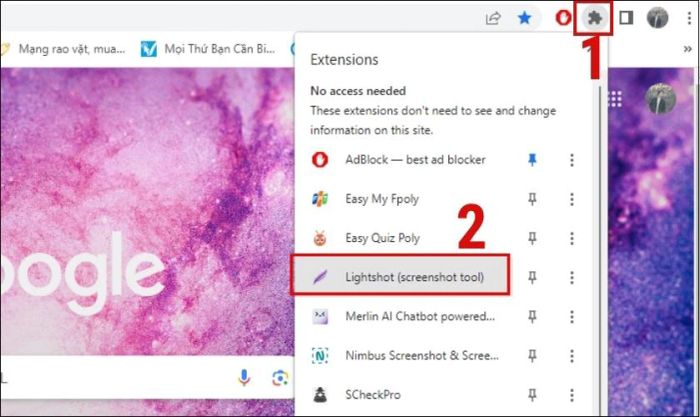 Xác nhận Lightshot đã có trong Extensions