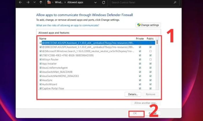 Cửa sổ Allowed apps and firewall