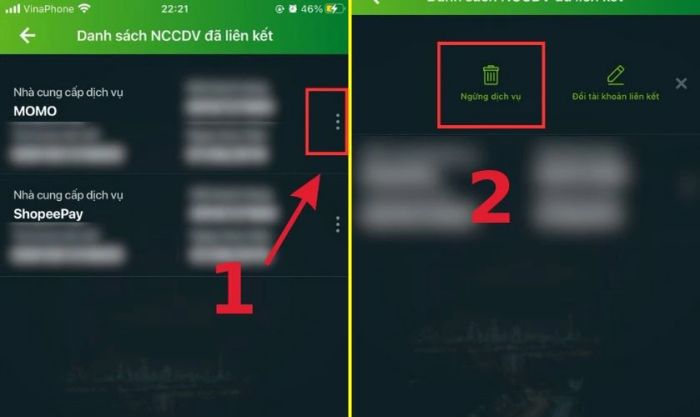 Chọn biểu tượng 3 chấm và nhấn vào mục Ngừng dịch vụ