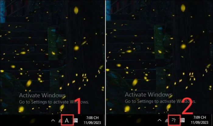 Nhấn vào biểu tượng ngôn ngữ trên thanh Taskbar để chuyển sang bàn phím tiếng Hàn.