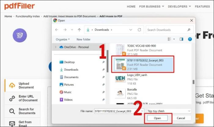 Chọn file PDF cần thêm ảnh và nhấn Open