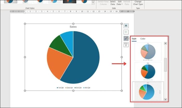 Tìm kiếm thiết kế phù hợp và chọn để áp dụng thay đổi cho biểu đồ