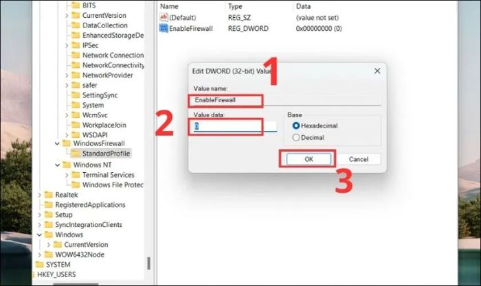 Thực hiện nhập EnableFirewall vào Value name