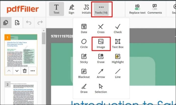 Nhấn vào Tools trên thanh công cụ và chọn biểu tượng Image