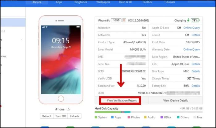 Nhấn vào View Verification Report để kiểm tra báo cáo tình trạng từng bộ phận máy