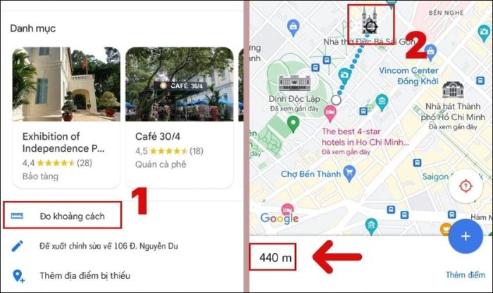 Chọn vào mục Đo khoảng cách và kéo bản đồ đến điểm kết thúc.