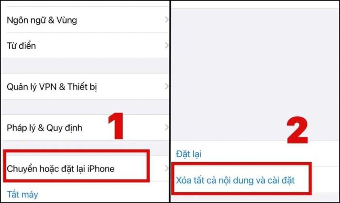 Nhấn chọn Xóa tất cả nội dung và cài đặt