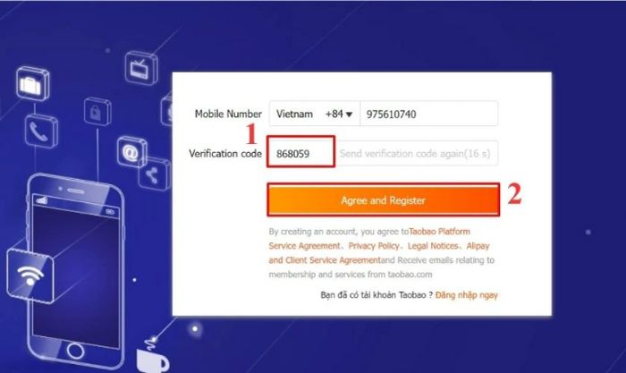 Nhập mã xác minh và nhấn vào Agree and Register để hoàn thành quá trình đăng ký.