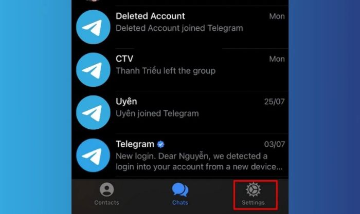 Chọn mục Settings trong ứng dụng Telegram
