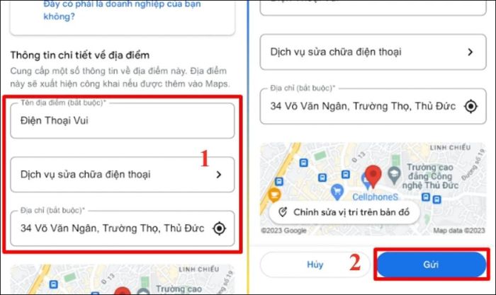 Nhập thông tin và bấm Gửi để Google Maps xử lý thông tin địa chỉ