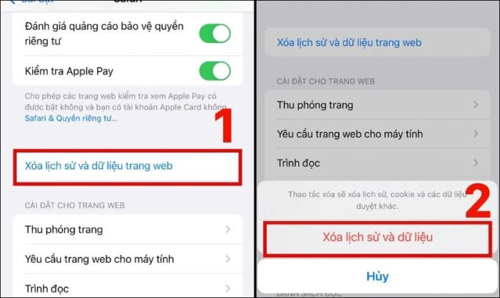 Tiến hành xóa lịch sử và dữ liệu trang web.