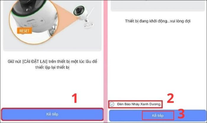 Bạn cần chọn vào Đèn Báo Nhấp Nháy Xanh Dương và nhấn Tiếp tục để tiếp tục quá trình.
