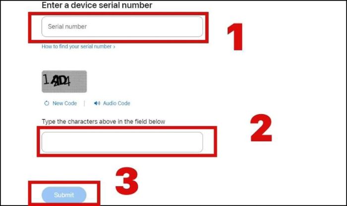 Nhập mã code và ký tự hiển thị trong khung như hình, sau đó nhấn Submit