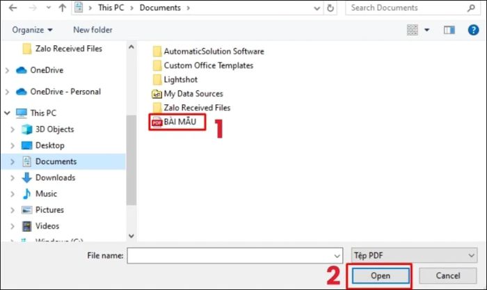 Chọn file PDF cần chuyển và nhấn Open để mở file.