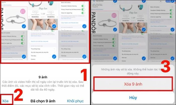 Xác nhận xóa các ảnh đã chọn trong thư mục Đã xóa gần đây