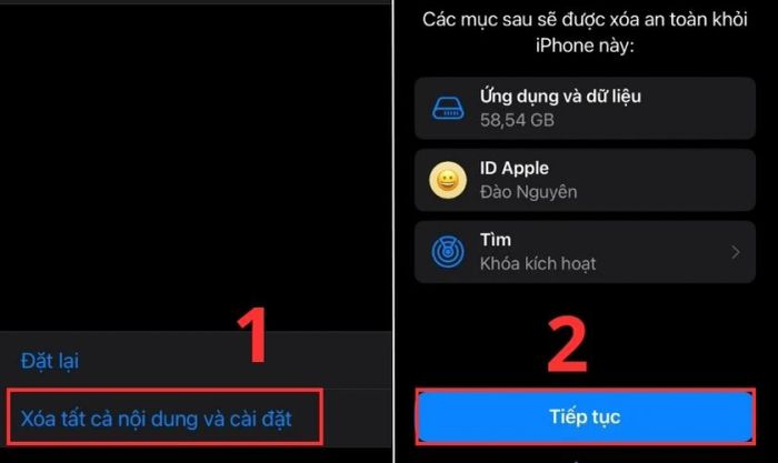 Bạn cần chọn Xóa tất cả nội dung và cài đặt và nhấn Tiếp tục