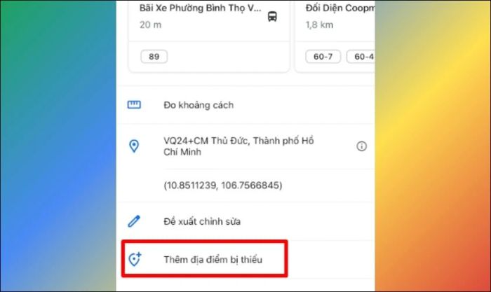 Chọn mục Thêm địa điểm bị thiếu