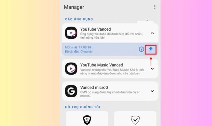 Nhấn vào biểu tượng tải xuống để cài đặt YouTube Vanced