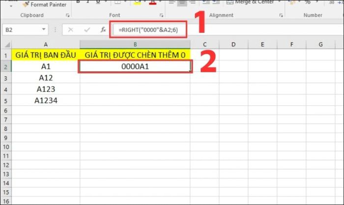 Nhập công thức vào ô cần hiển thị số 0 trong Excel
