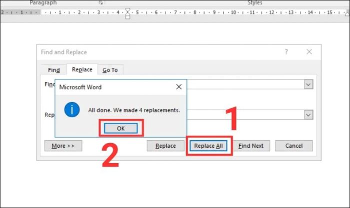 Nhấn OK để thực hiện thay thế từ hoặc cụm từ trong Word.