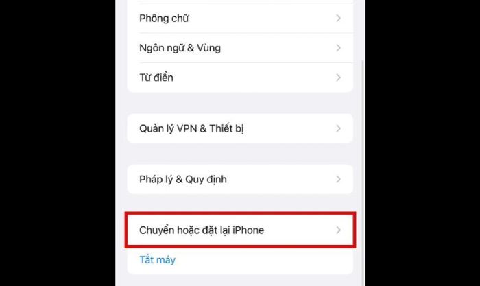 Giao diện hiển thị trong mục Chuyển hoặc đặt lại iPhone