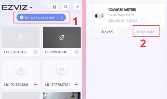 Người được chia sẻ sẽ nhận được thông báo mời, bạn hãy chọn vào Bạn có 1 chia sẻ mới.