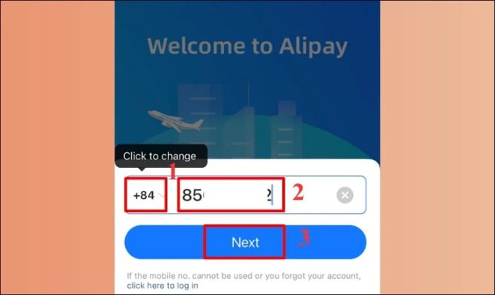Chọn mã vùng, nhập số điện thoại và nhấn Next để tiếp tục.