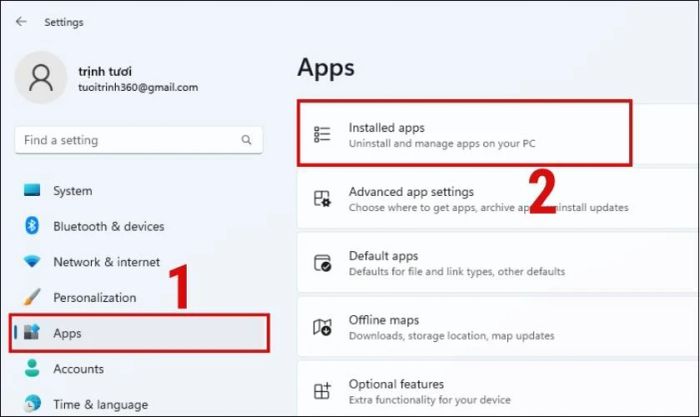 Nhấn vào Installed apps