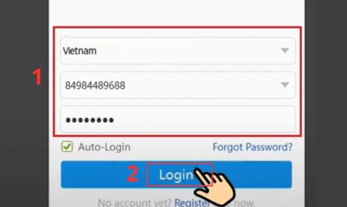 Bạn cần chọn Vietnam, nhập số điện thoại và mật khẩu, rồi nhấn Login để tiếp tục.