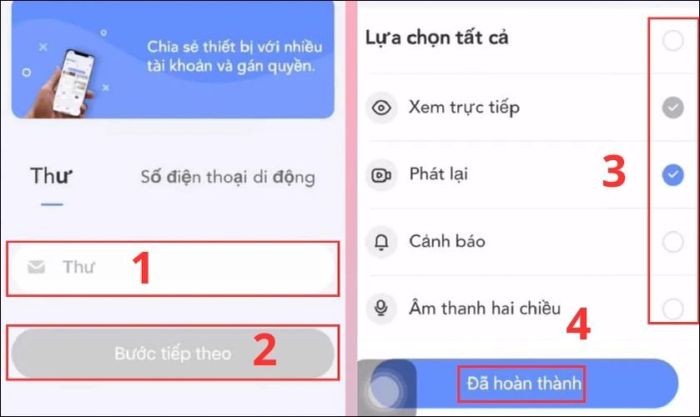 Bạn có thể chia sẻ camera với người khác bằng cách nhập số điện thoại hoặc địa chỉ Gmail.