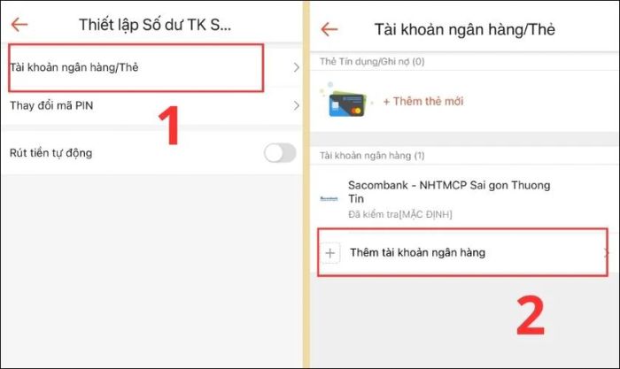 Lựa chọn Thêm tài khoản ngân hàng để bổ sung vào Số dư TK Shopee