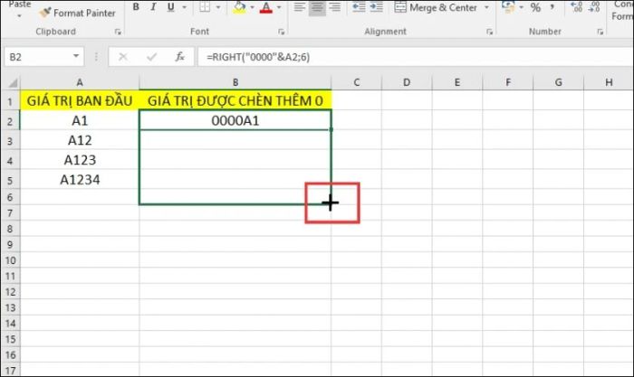 Sử dụng dấu cộng để kéo công thức xuống các ô khác