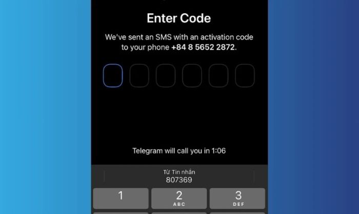 Nhập mã code đăng nhập Telegram đã gửi về điện thoại của bạn