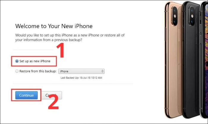 Bạn chọn tùy chọn Set up as new iPhone và nhấn Continue để tiếp tục
