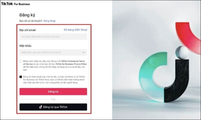 Đồng ý với TikTok Commercial Terms of Service và TikTok for Business Privacy Policy