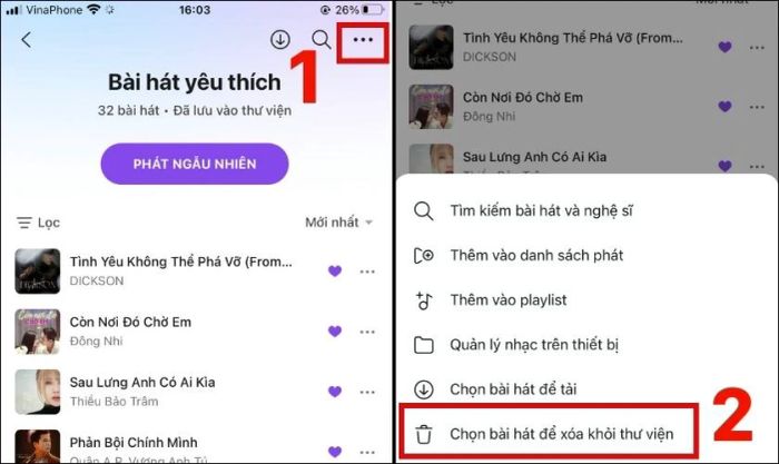 Lựa chọn các bài hát bạn muốn xóa khỏi thư viện.