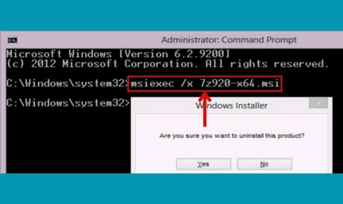 Nhập lệnh msiexec /x rồi thêm tên file vào sau