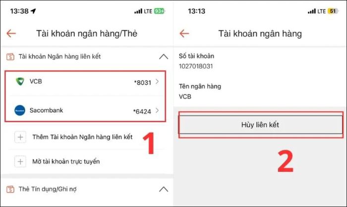 Nhấn vào Hủy liên kết bên cạnh tài khoản ngân hàng bạn muốn xóa