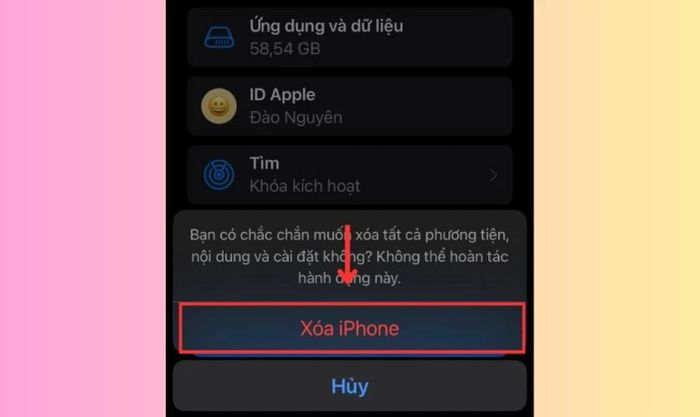 Hãy nhấn vào Xóa iPhone để xác nhận