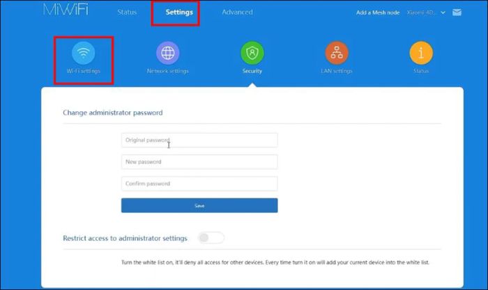 Truy cập Settings ở góc trên cùng màn hình để thay đổi cài đặt và chọn Wi-Fi settings