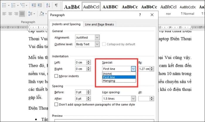 Chọn mục First line để điều chỉnh thụt đầu dòng trong Word