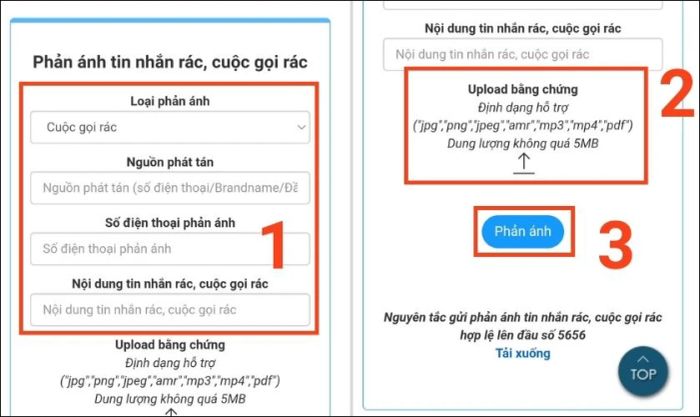 Điền thông tin vào các mục để gửi phản ánh