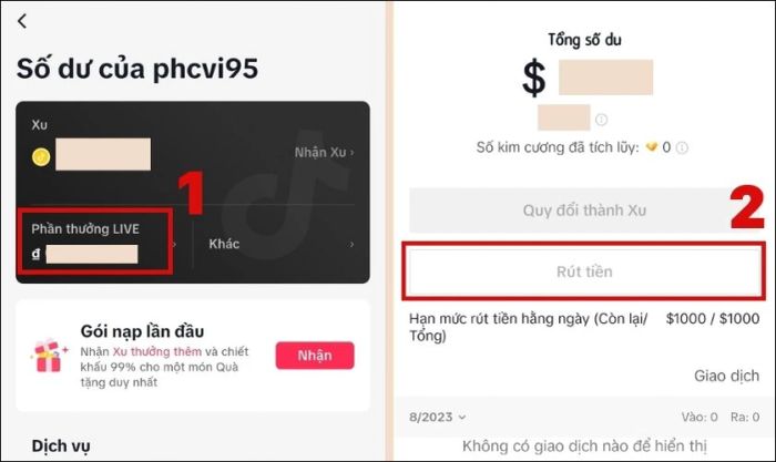 Bấm vào Phần thưởng LIVE và chọn Rút tiền