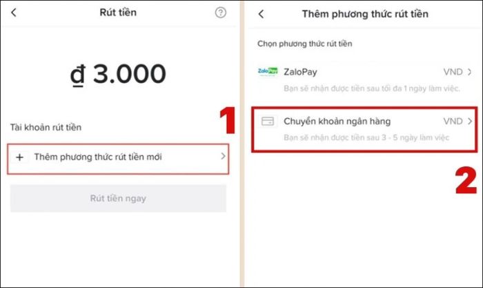 Bấm vào Thêm phương thức rút tiền mới và chọn Chuyển khoản ngân hàng