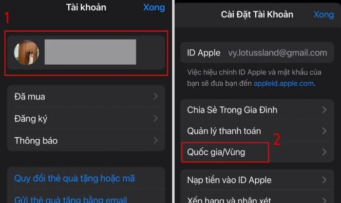 Nhấn chọn mục Quốc gia/Vùng